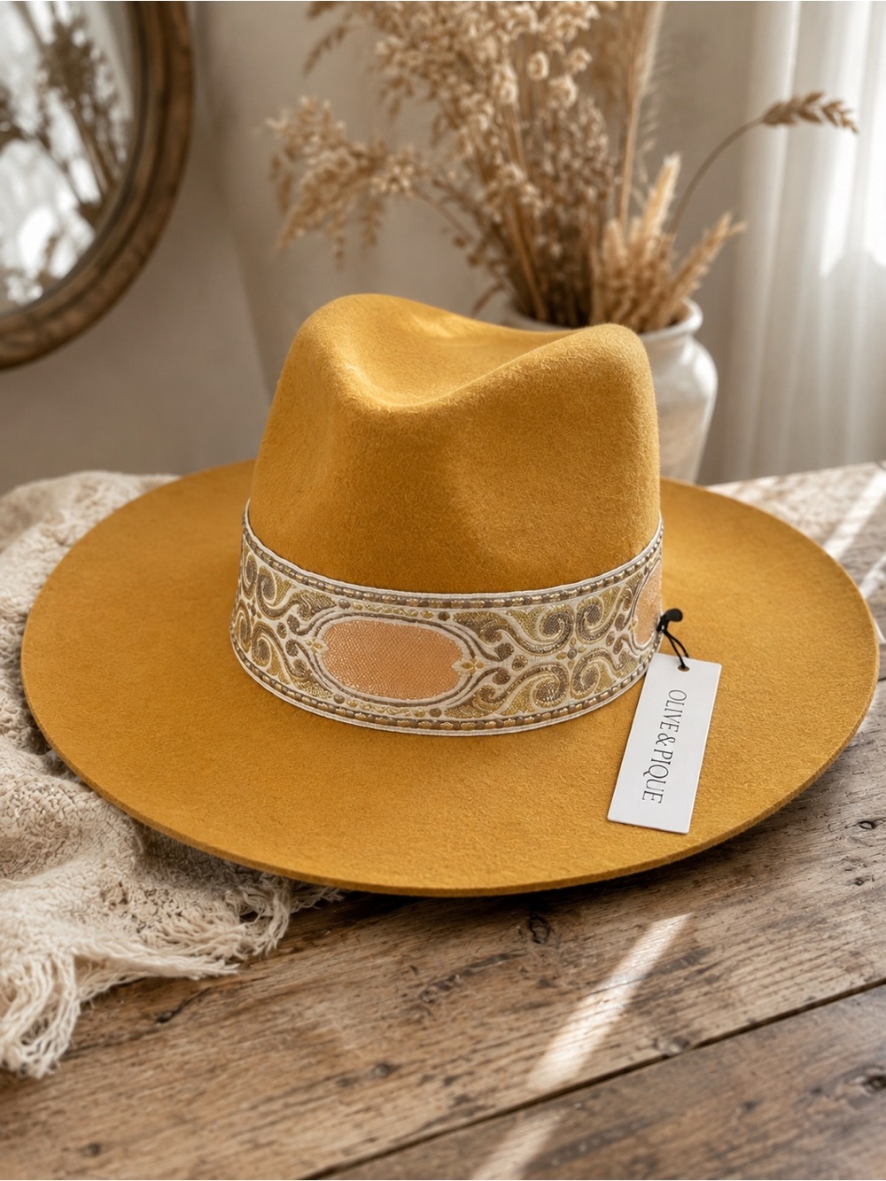 Olive & Pique 100% Wool Rancher Fedora Hat Mustard Gold Shimmer Band NWT